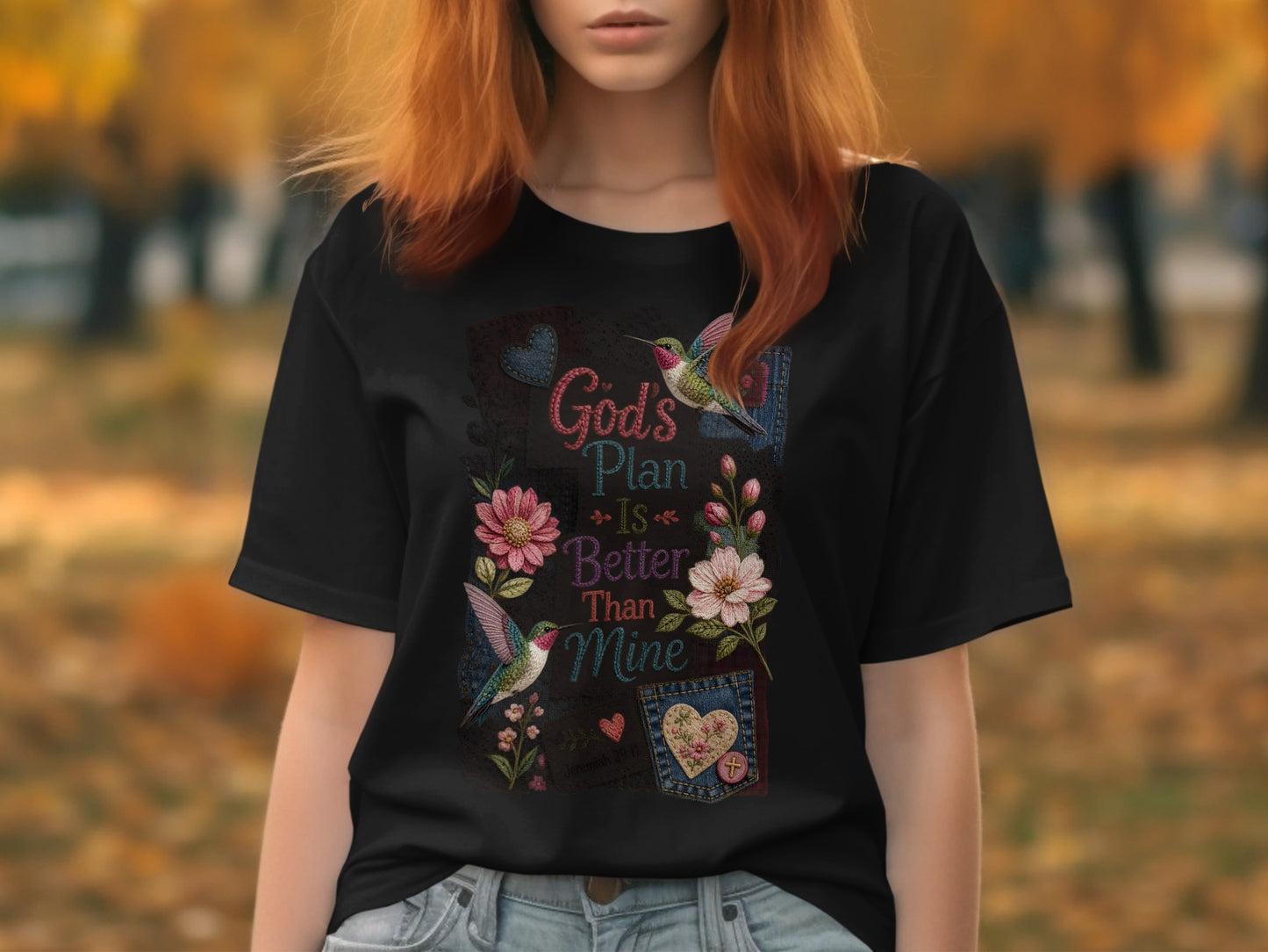 Black t-shirt with hummingbirds, flowers, and text: God's Plan Is Better Than Mine.