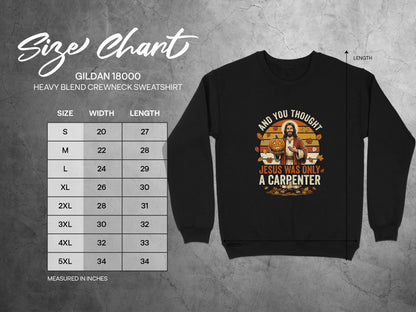 Gildan 18000 size chart for crewneck sweatshirt with Jesus and pumpkin graphic.