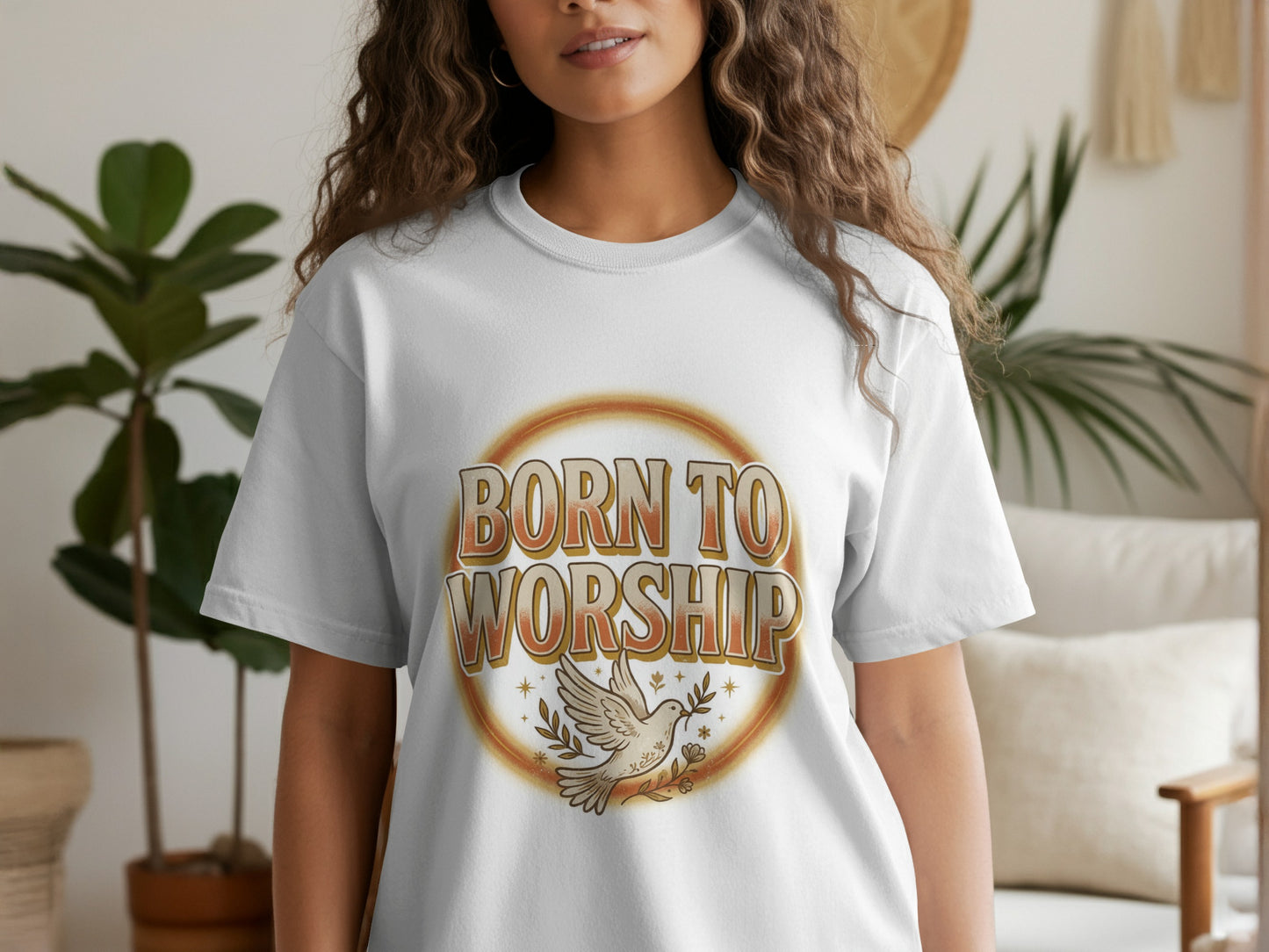 White t-shirt with "Born to Worship" text and a dove holding an olive branch.