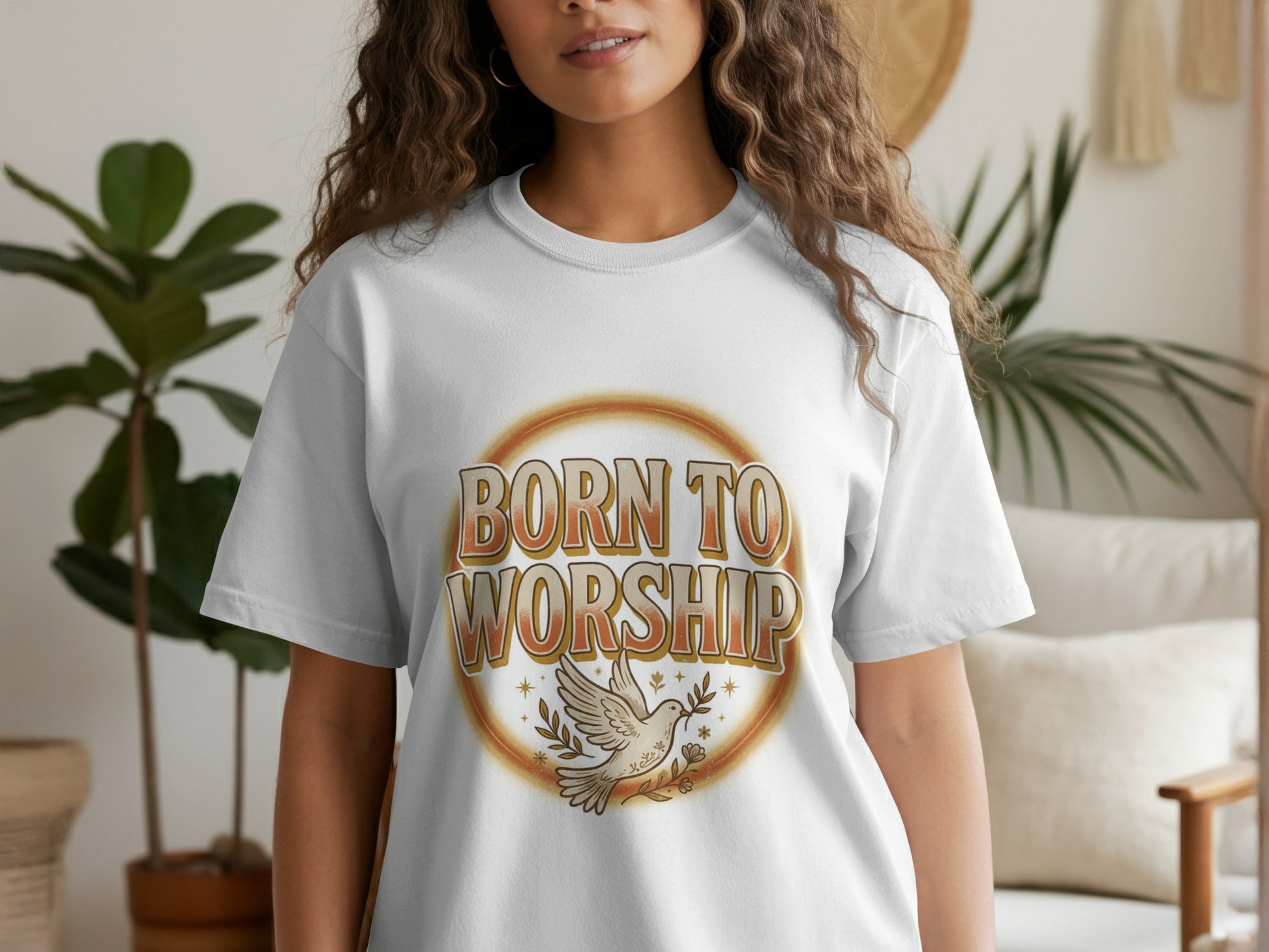 White t-shirt with "Born to Worship" text and a dove holding an olive branch.