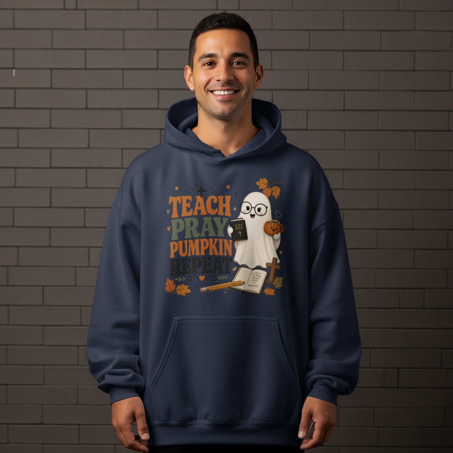 Navy hoodie with "Teach Pray Pumpkin Repeat" design and a cute ghost.