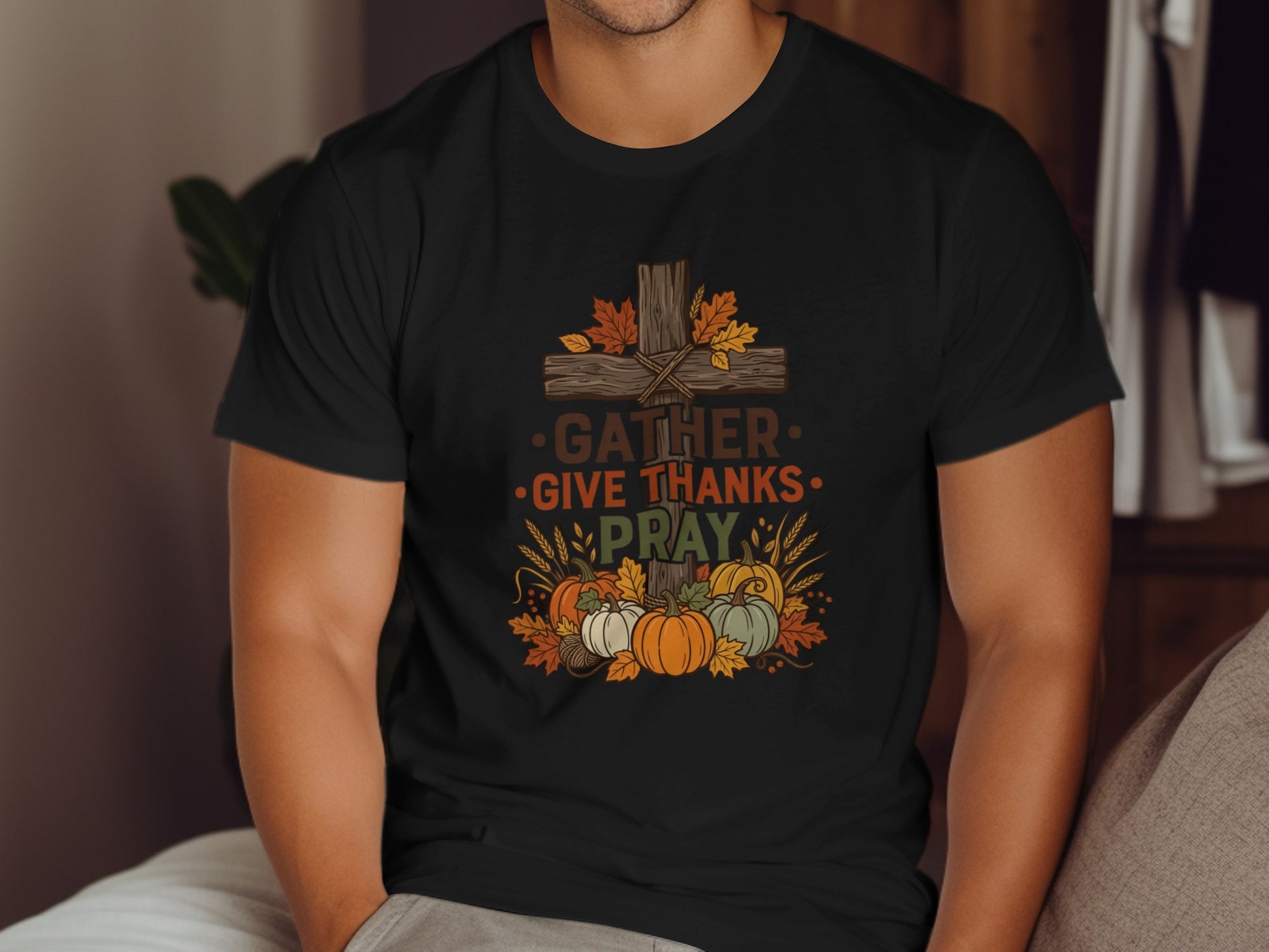 Black t-shirt with "Gather, Give, Pray" and autumn pumpkins.