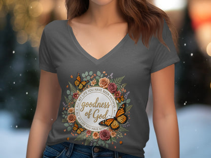 Women's gray v-neck t-shirt with floral wreath and "Goodness of God" text.