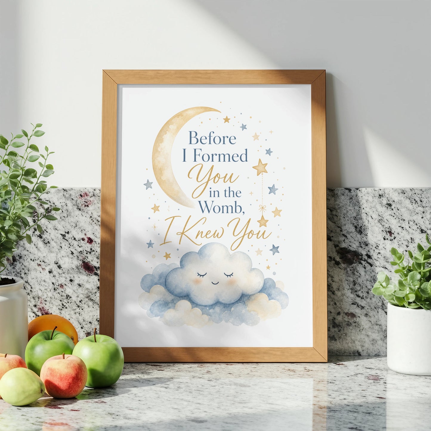 Framed artwork with "Before I Formed You in the Womb, I Knew You" text, moon, stars, and clouds.