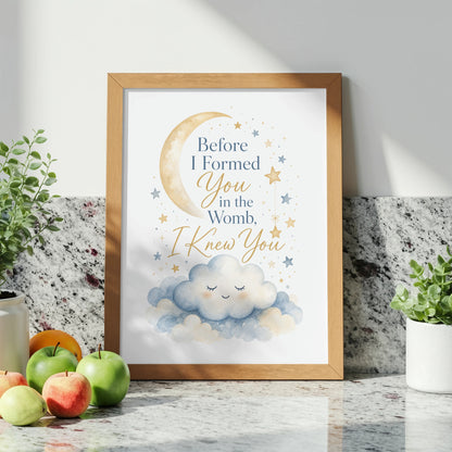 Framed artwork with "Before I Formed You in the Womb, I Knew You" text, moon, stars, and clouds.