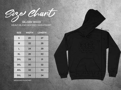 Gildan 18500 heavy blend hooded sweatshirt size chart with measurements.