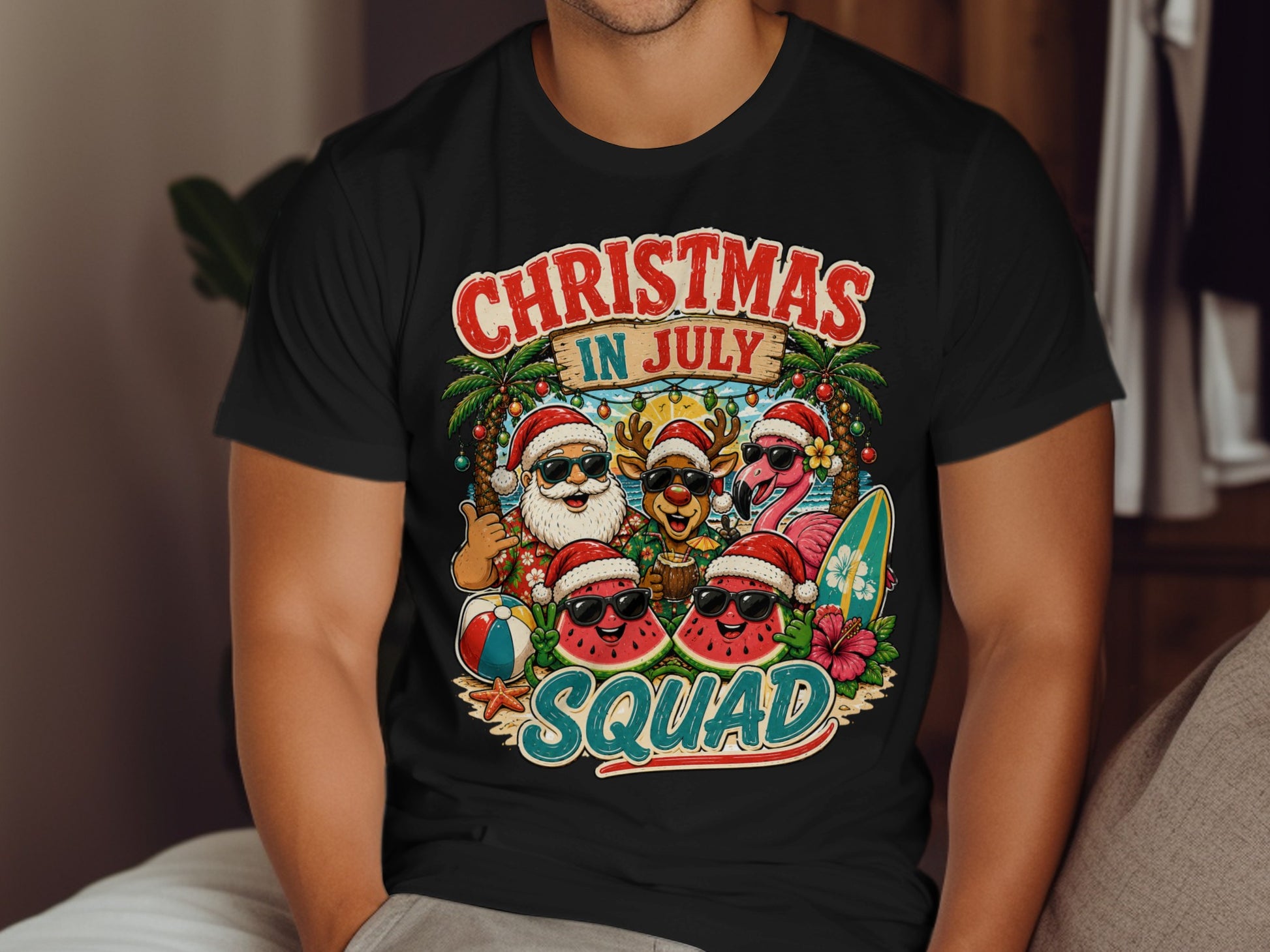 Christmas in July Squad graphic with Santa, reindeer, and watermelons on beach.