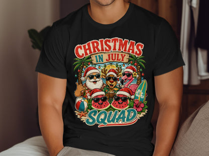 Christmas in July Squad graphic with Santa, reindeer, and watermelons on beach.