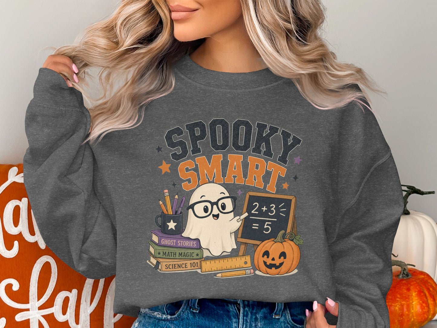 Ghost pointing at math equation on chalkboard with "Spooky Smart" text.