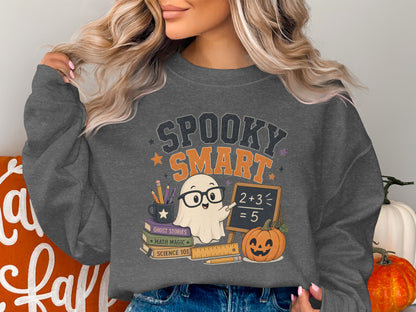 Ghost pointing at math equation on chalkboard with "Spooky Smart" text.