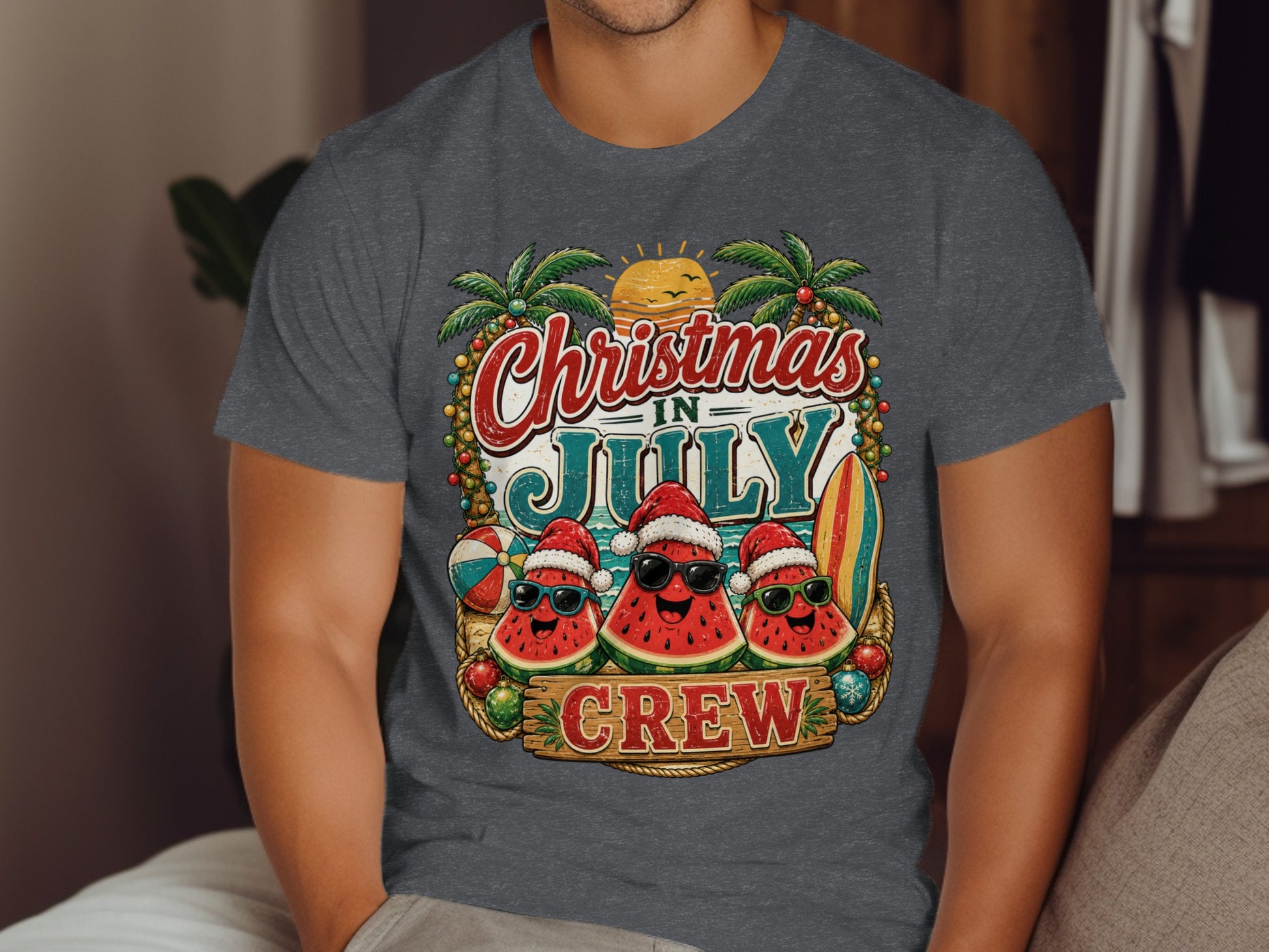 Watermelon crew in Santa hats, sunglasses, and leis celebrates Christmas in July.