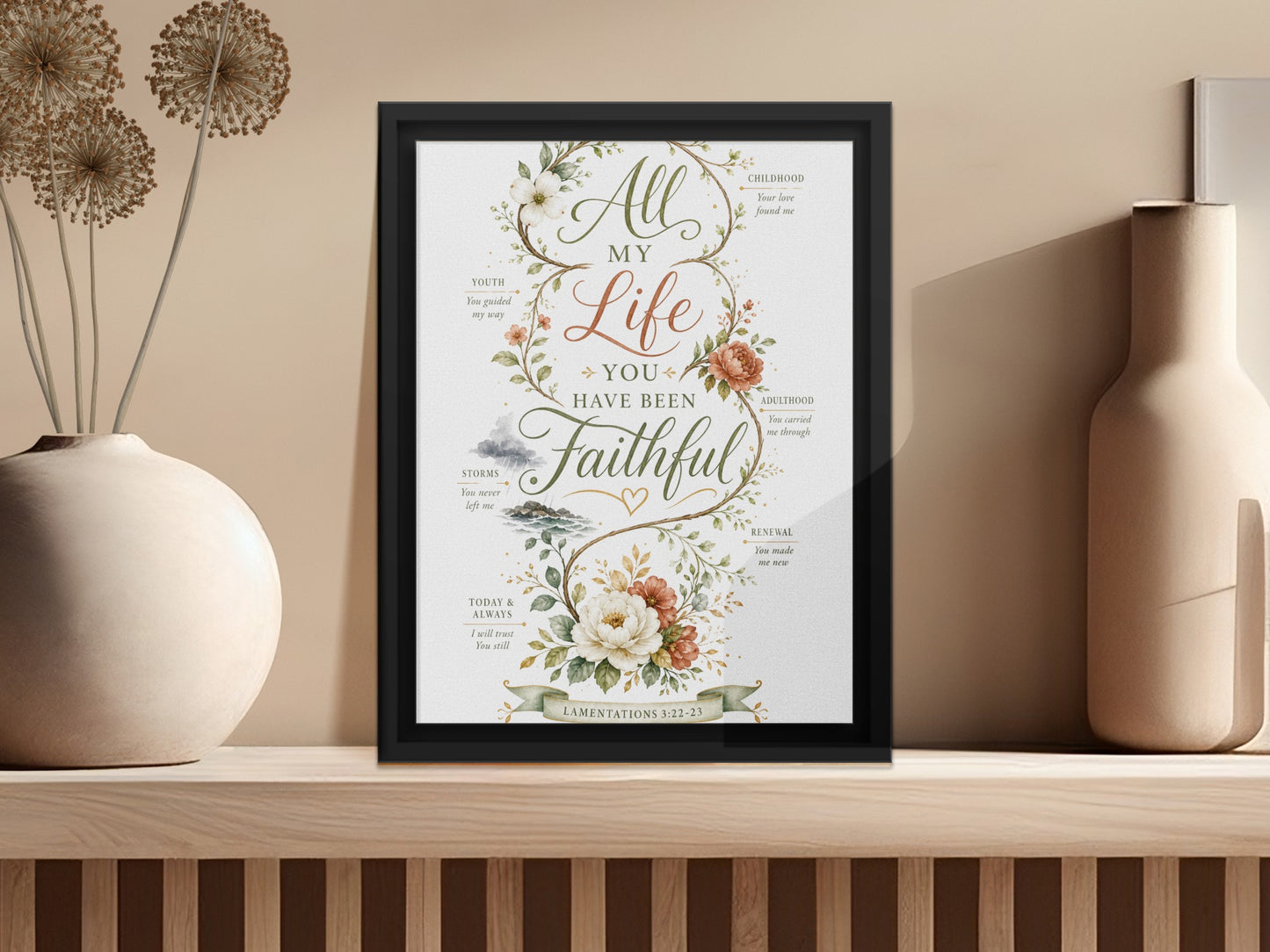 Framed print with floral art and text: "All My Life You Have Been Faithful"