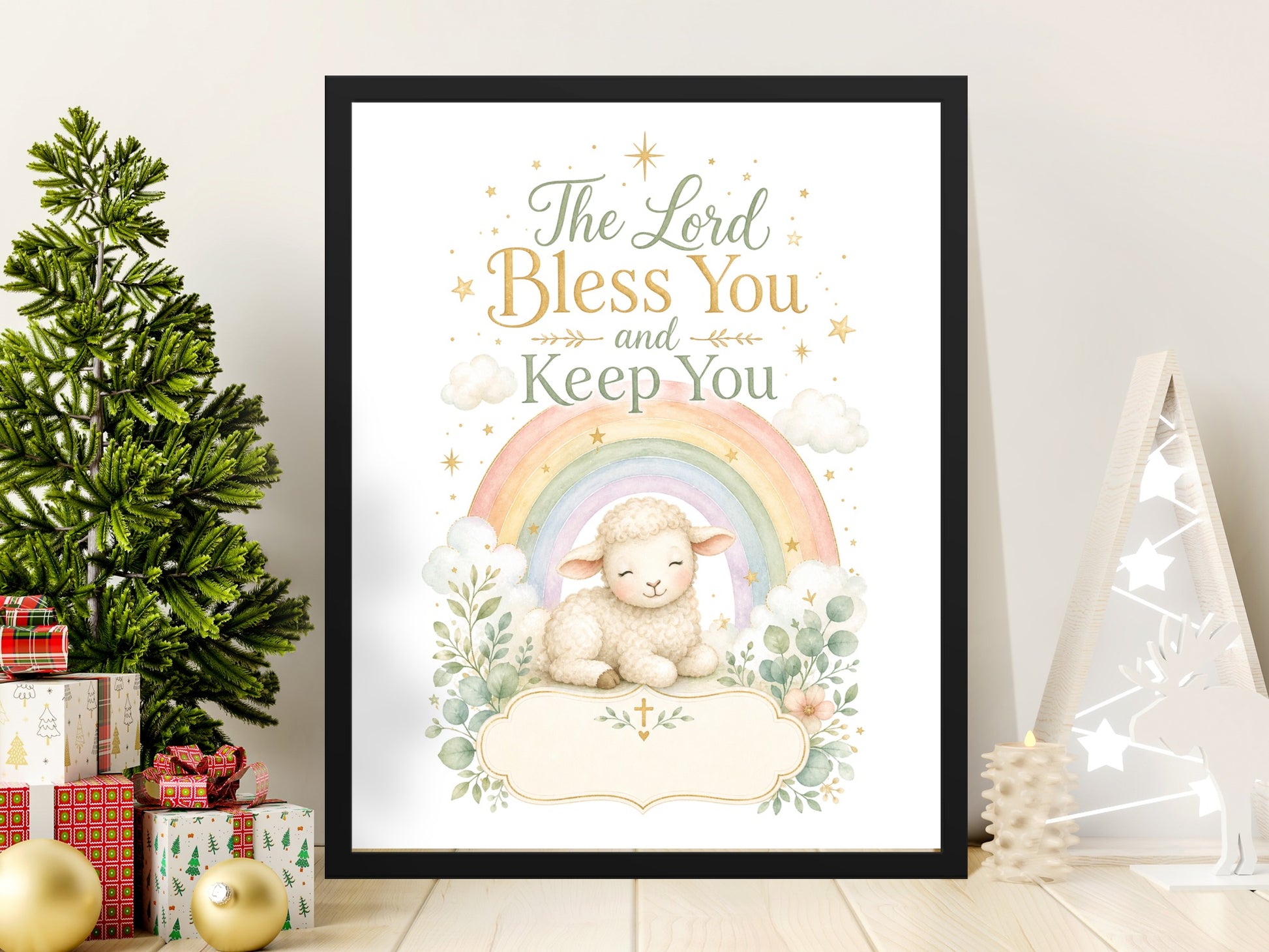 Framed print with lamb, rainbow, clouds, and text "The Lord Bless You and Keep You".