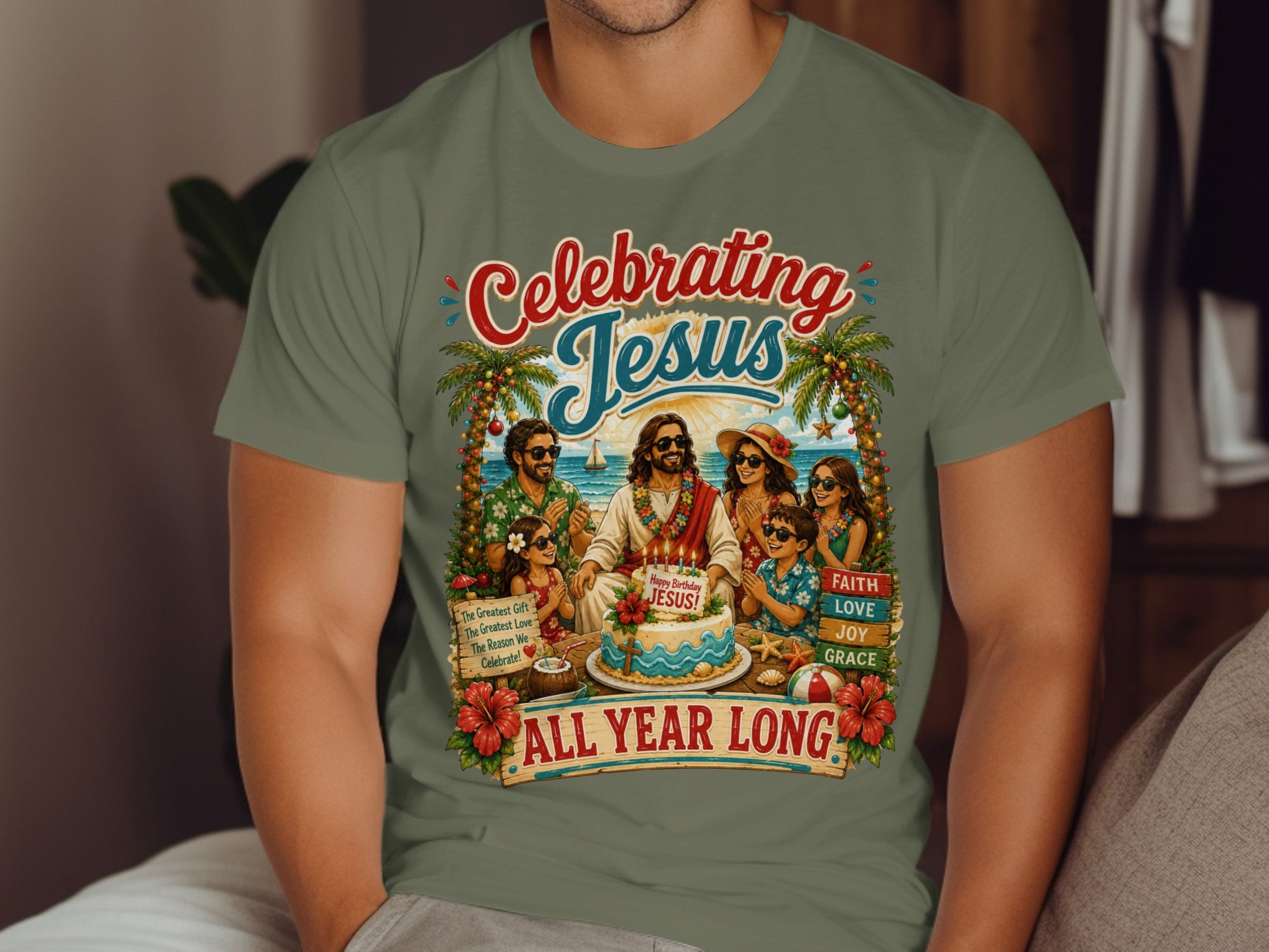 T-shirt with "Celebrating Jesus ALL YEAR LONG" and birthday cake design.