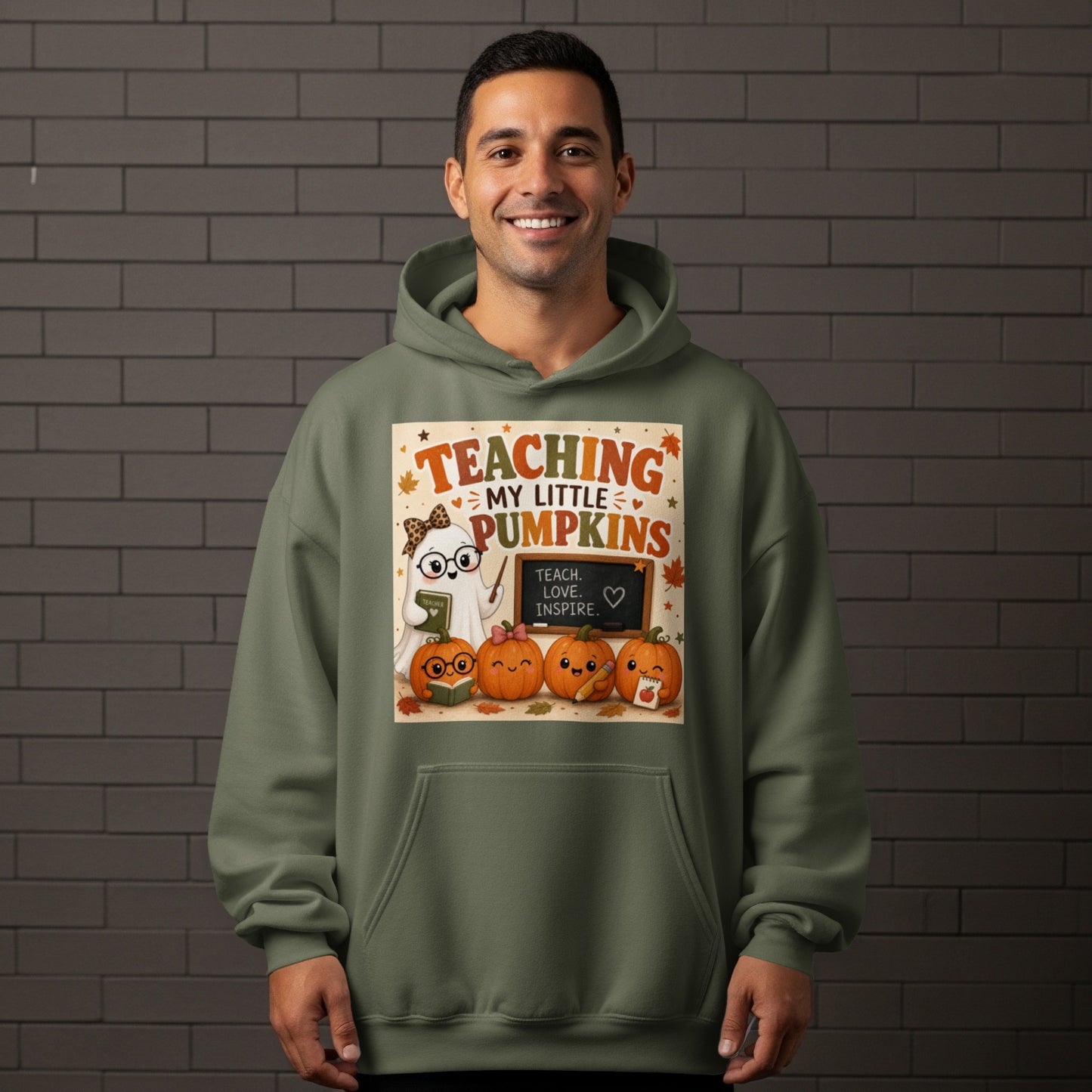 Ghost teacher with pumpkins and text "Teaching my little pumpkins."