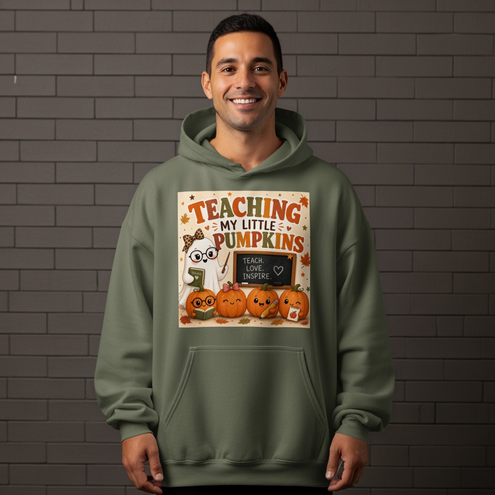 Ghost teacher with pumpkins and text "Teaching my little pumpkins."