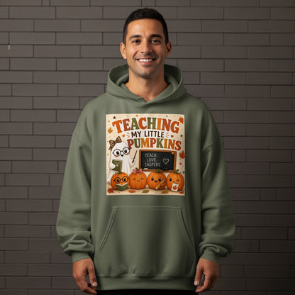 Ghost teacher with pumpkins and text "Teaching my little pumpkins."
