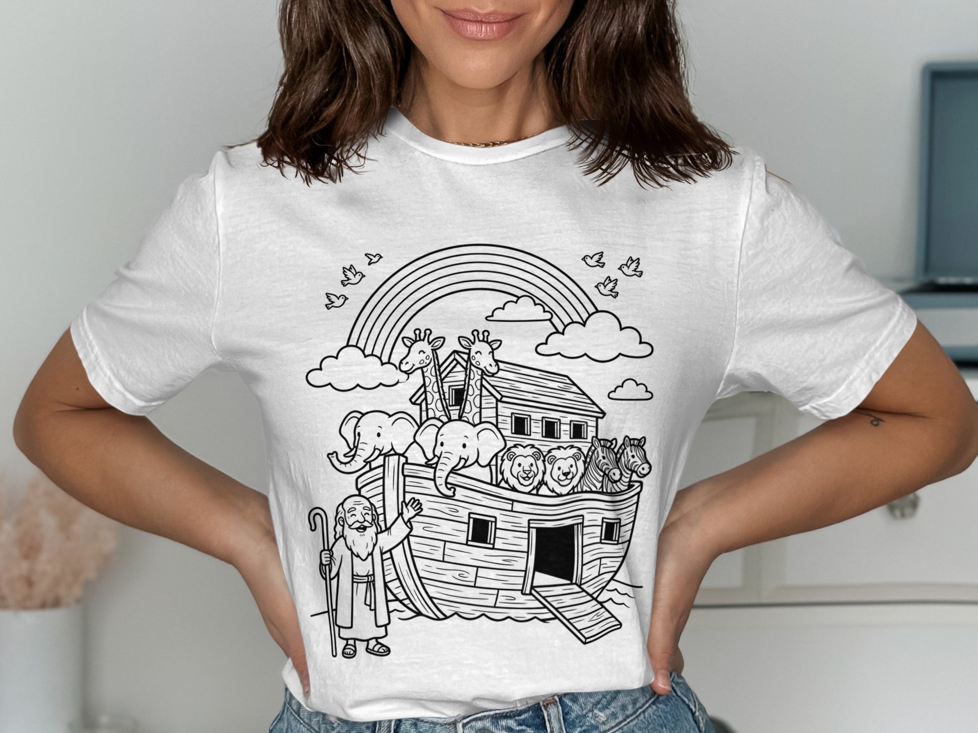 Noah's Ark with animals and rainbow, outline drawing on white t-shirt.