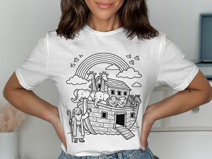 Noah's Ark with animals and rainbow, outline drawing on white t-shirt.