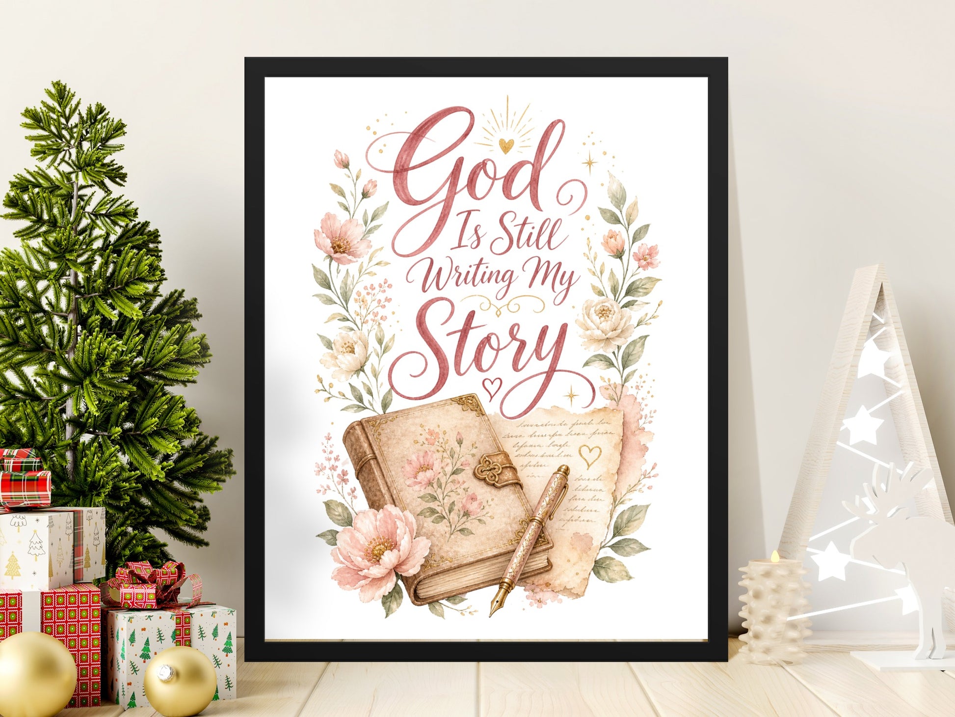 Framed art print with "God Is Still Writing My Story" text, book, and flowers.