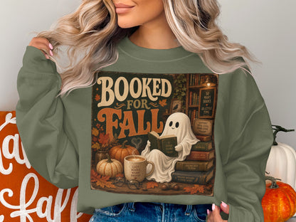 Booked for Fall graphic with a ghost reading, pumpkins, and books.