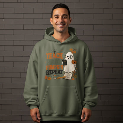 Green hoodie with "Teach Pray Pumpkin Repeat" text and a ghost design.
