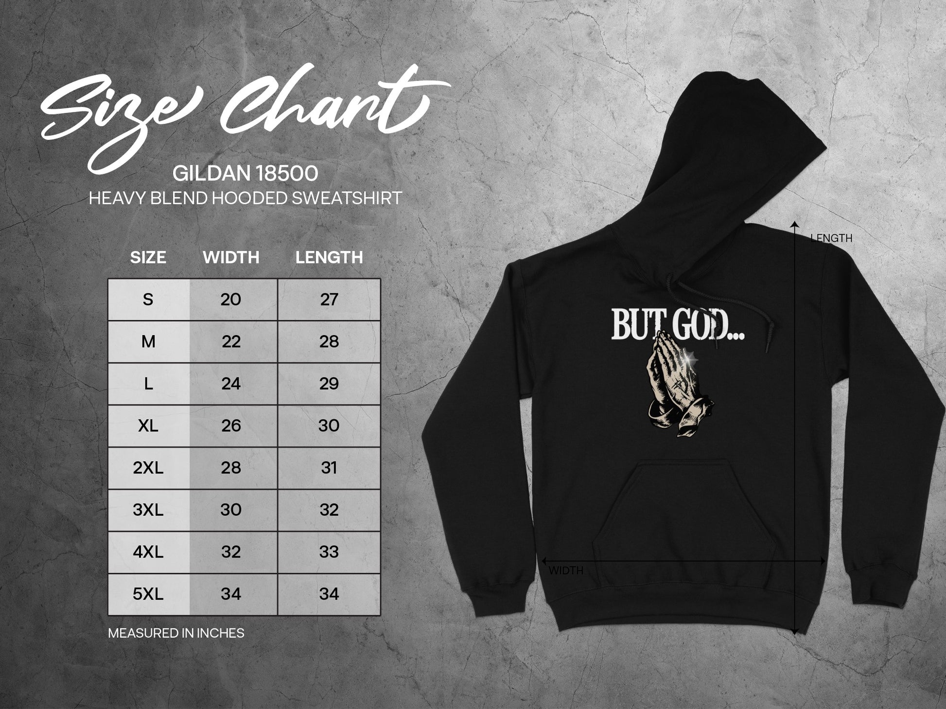Gildan 18500 hooded sweatshirt size chart with measurements in inches.