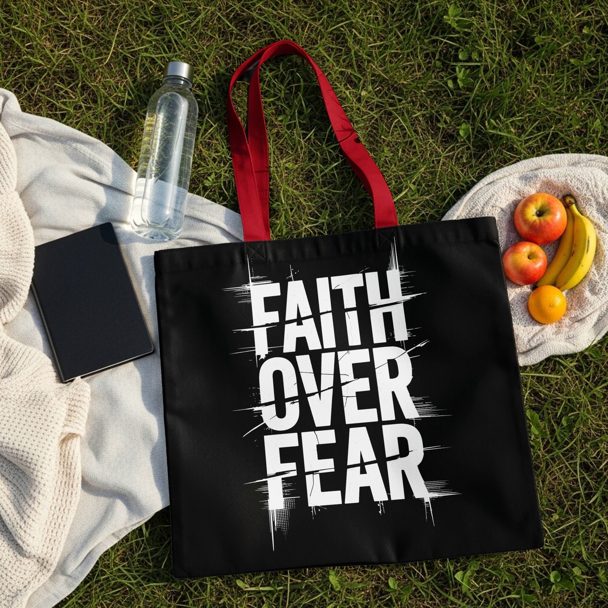 Black tote bag with red straps and "FAITH OVER FEAR" text.