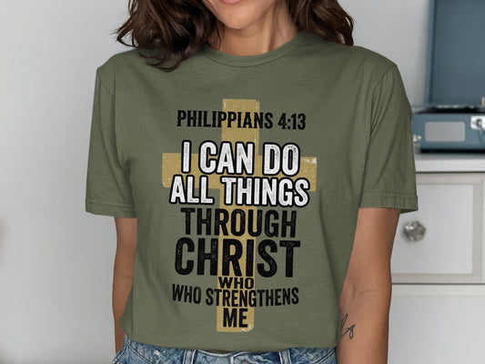 T-shirt with Philippians 4:13 text and a golden cross.