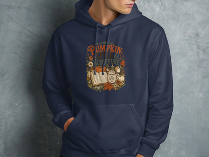 Navy hoodie with "Pumpkin Spice & Scripture" text and autumn illustrations.