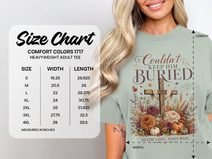 Size chart for Comfort Colors 1717 heavyweight adult tee with measurements.