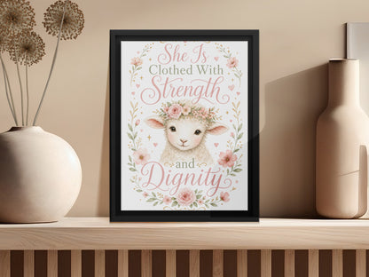 Framed artwork with a lamb, flowers, and text "She Is Clothed With Strength and Dignity".