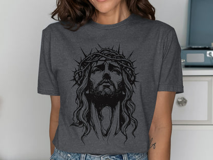 Charcoal t-shirt with a line drawing of Jesus wearing a crown of thorns.