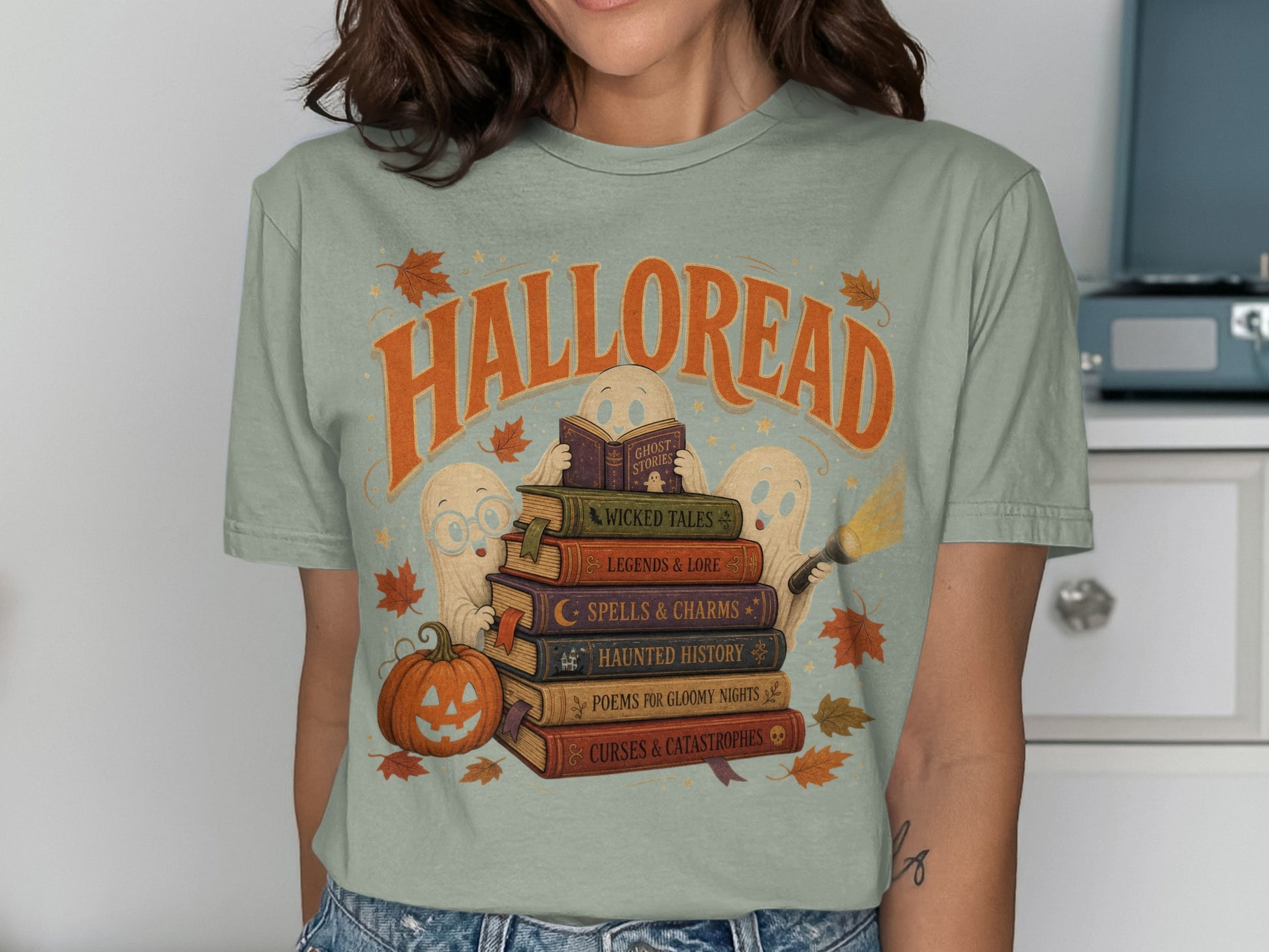 Ghosts read books with titles like "Wicked Tales" and "Haunted History" under "Halloread".