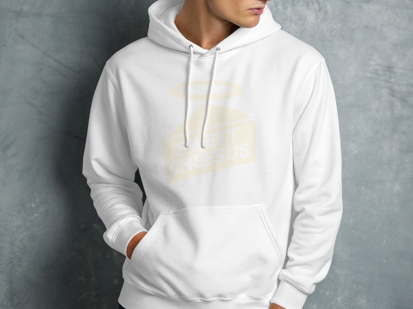 White hooded sweatshirt with a yellow "SWEET CHEESUS" halo graphic.