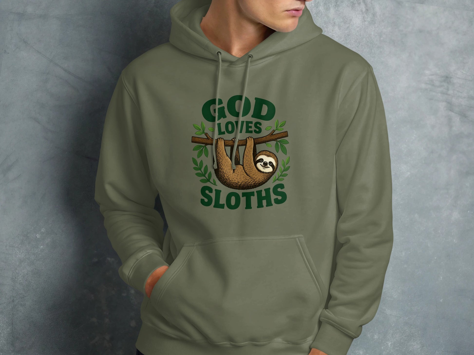 Green hoodie with "God Loves Sloths" text and sloth illustration.