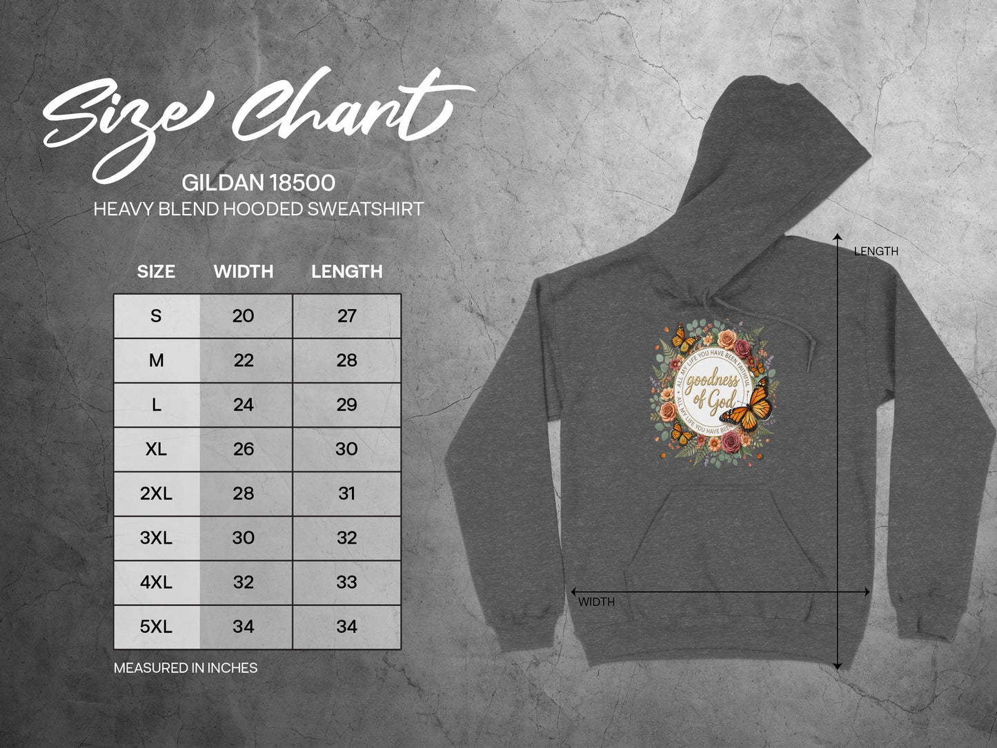 Gildan 18500 size chart for heavy blend hooded sweatshirt with measurements.