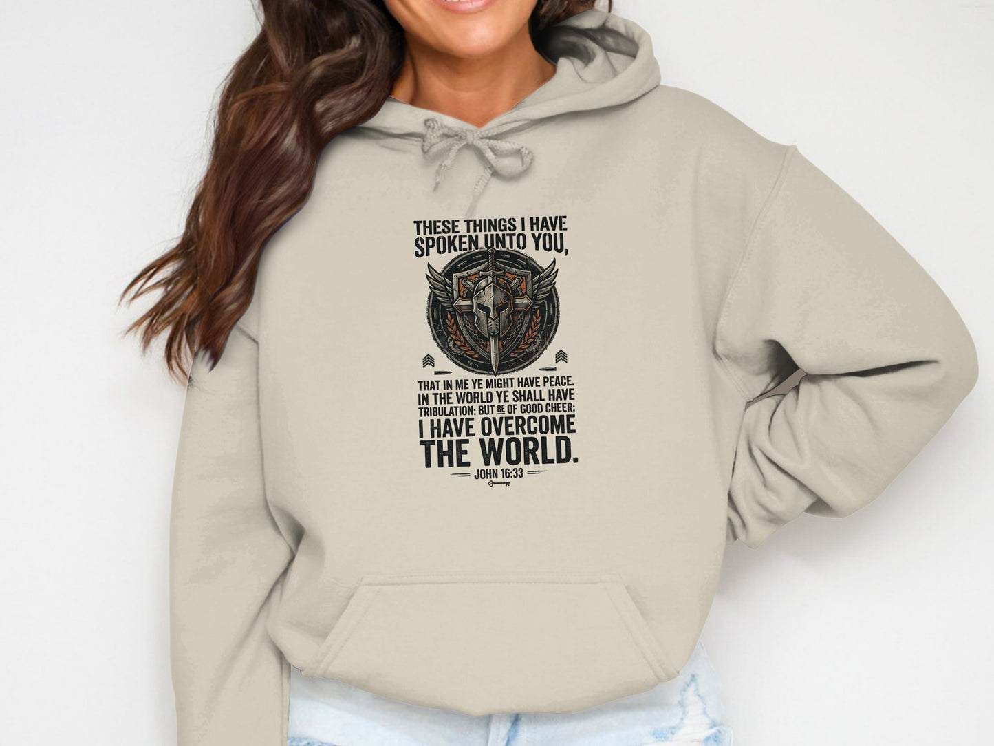 Beige hooded sweatshirt with "THESE THINGS I HAVE SPOKEN UNTO YOU" text.