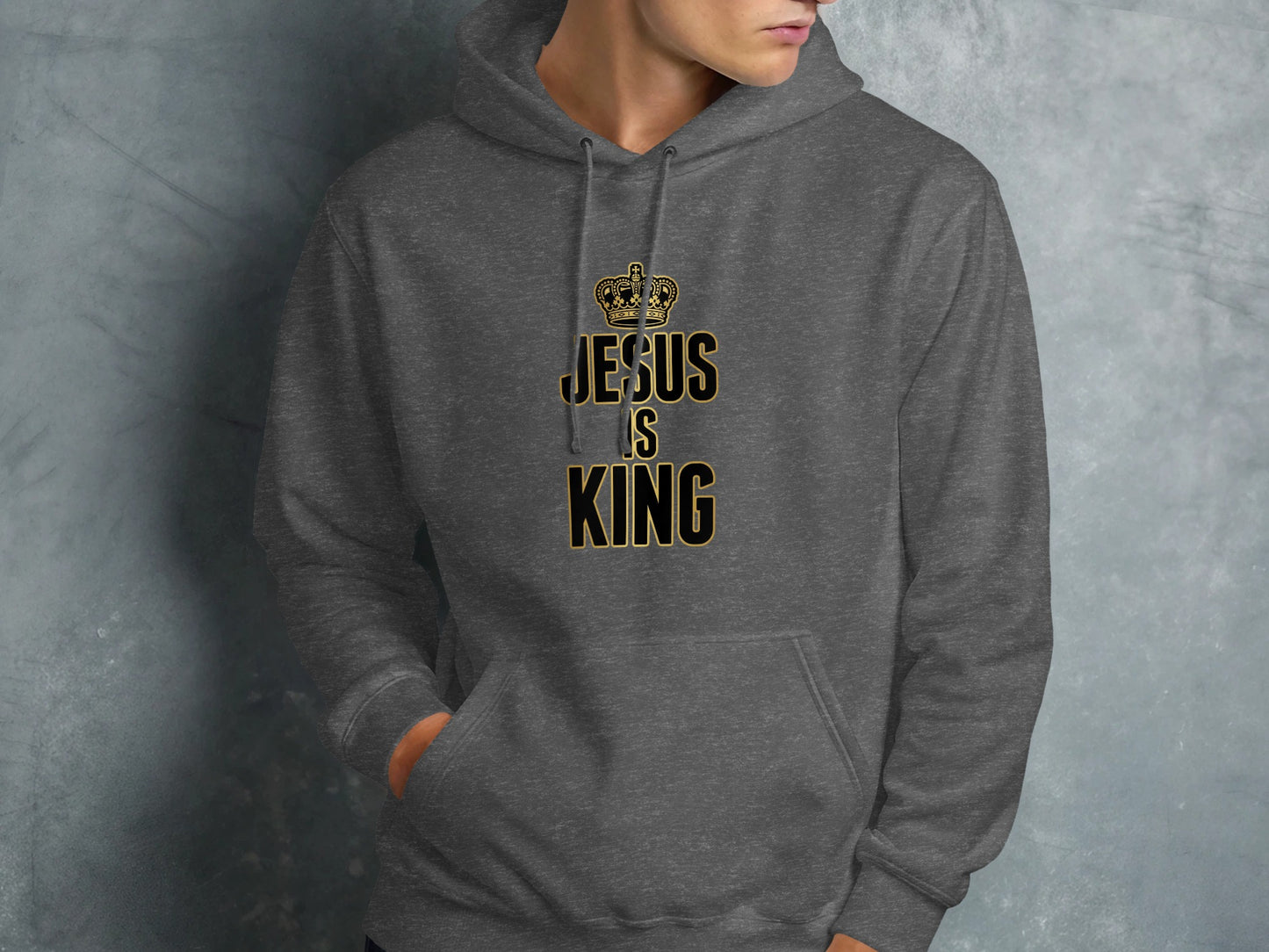 Dark grey hoodie with "Jesus is King" and a crown graphic.