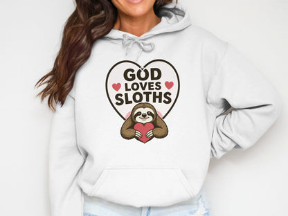 White hoodie with a heart containing a sloth and text "God Loves Sloths".