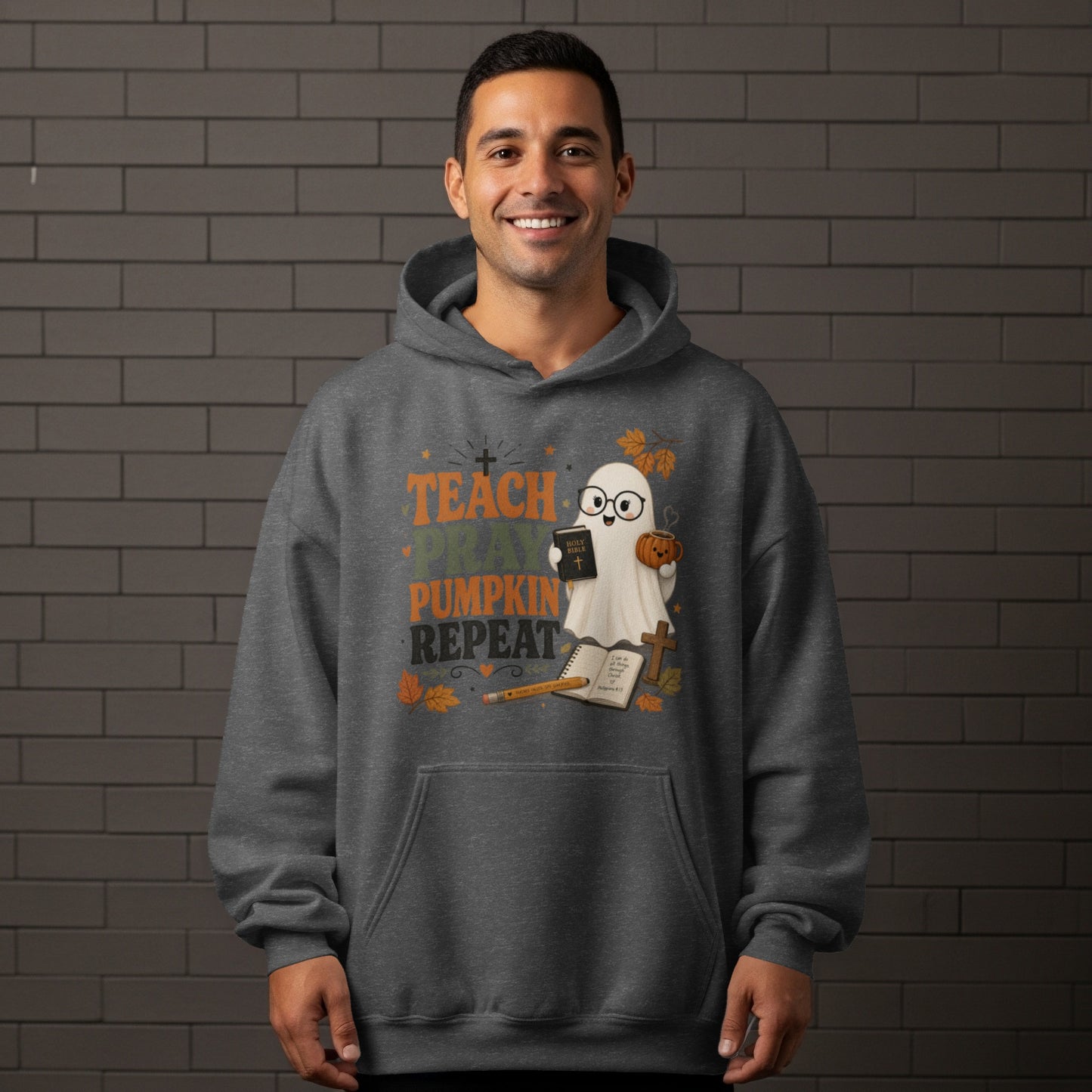 Ghost with glasses and Bible saying "Teach Pray Pumpkin Repeat."