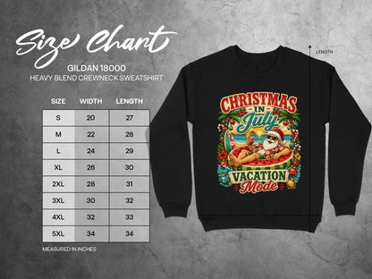 Gildan 18000 sweatshirt size chart with "Christmas in July" graphic.