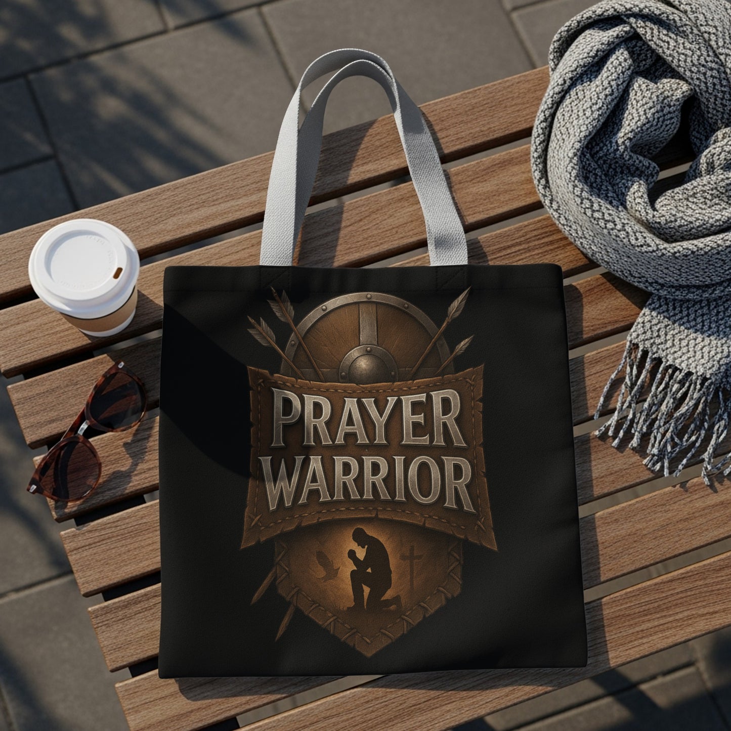 Black tote bag with "Prayer Warrior" text and kneeling silhouette on a wooden bench.