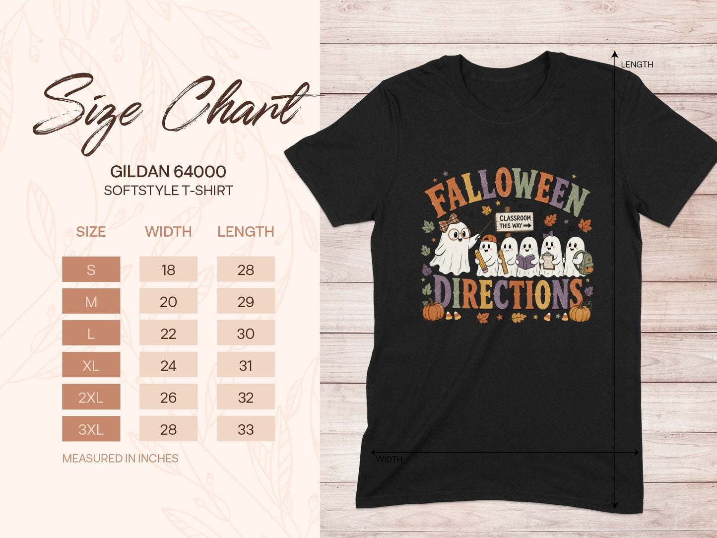 Gildan 64000 softstyle t-shirt size chart with ghost Halloween graphic.