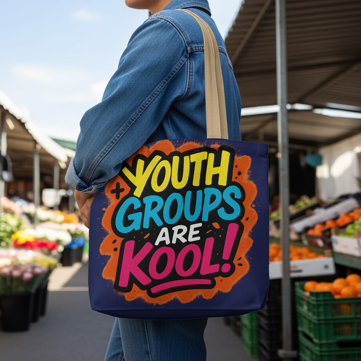 Tote bag with colorful "YOUTH GROUPS ARE KOOL!" text, worn by a person.