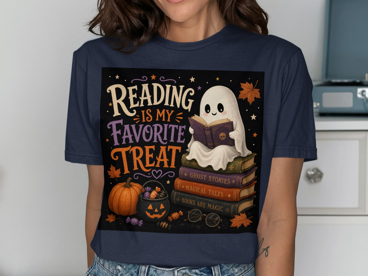 Ghost reading on books with text "Reading is my favorite treat" and Halloween elements.