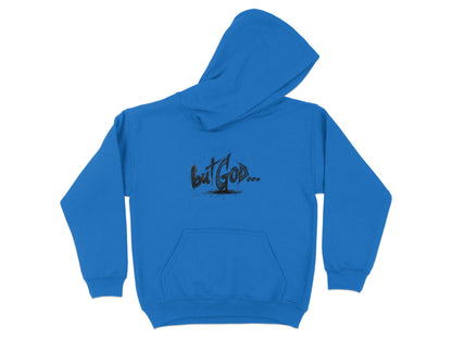 Blue hoodie with "but GOD..." text graphic on chest.