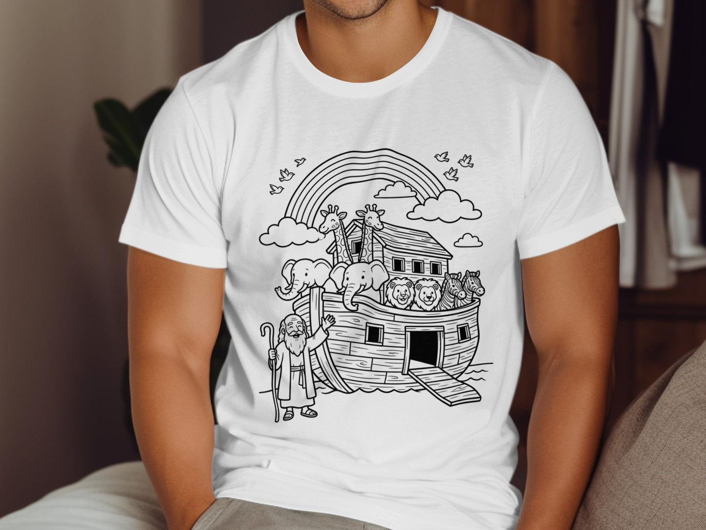 Noah's Ark illustration with animals and rainbow on white t-shirt.
