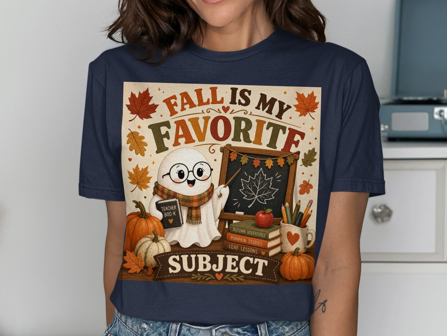Ghost teacher with pumpkins and books saying "Fall is my favorite subject."