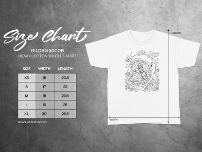 Gildan 5000B youth t-shirt size chart with width and length measurements.